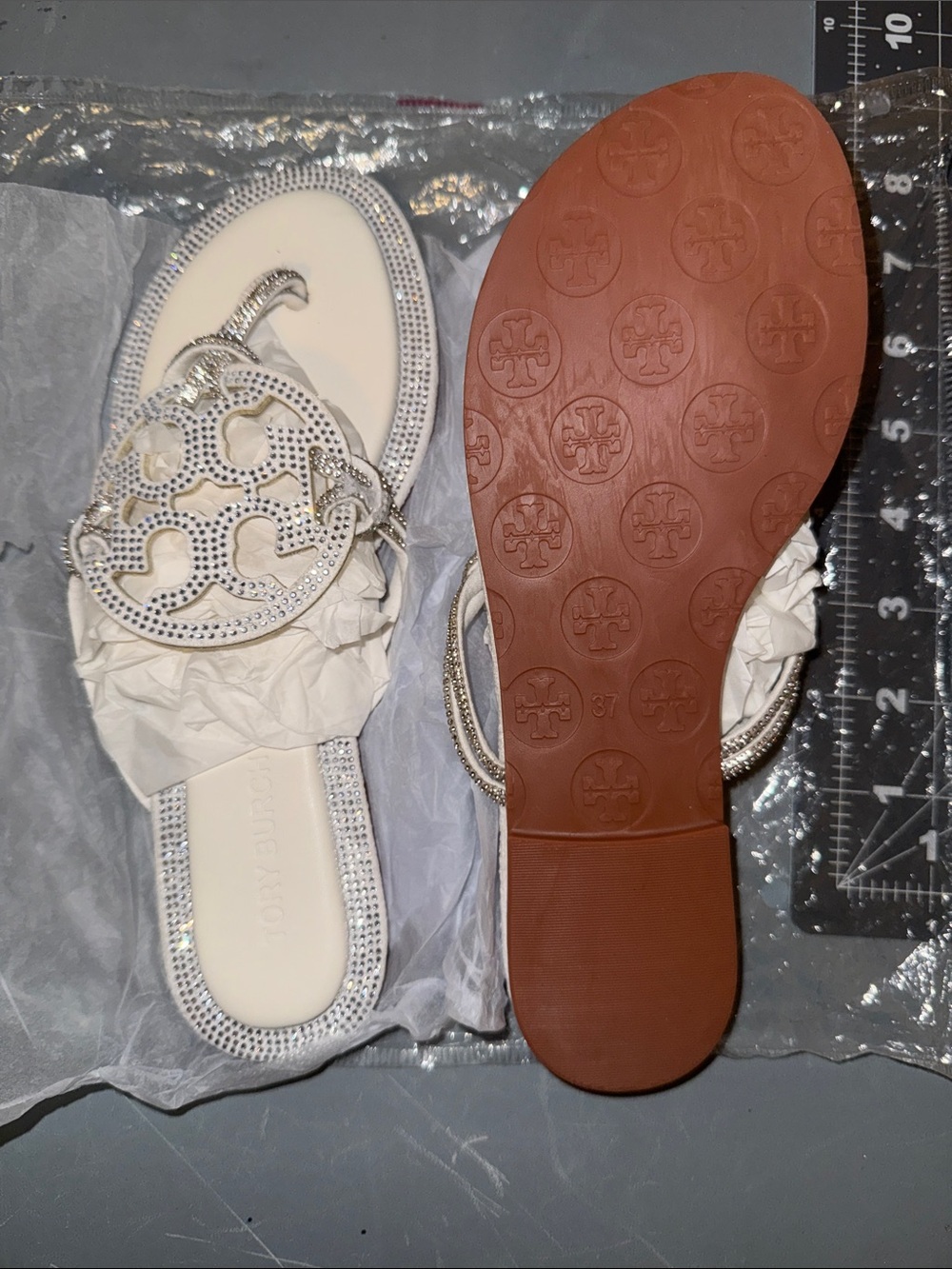 Tory Burch White Miller Crystal-Embellished Flat Sandals